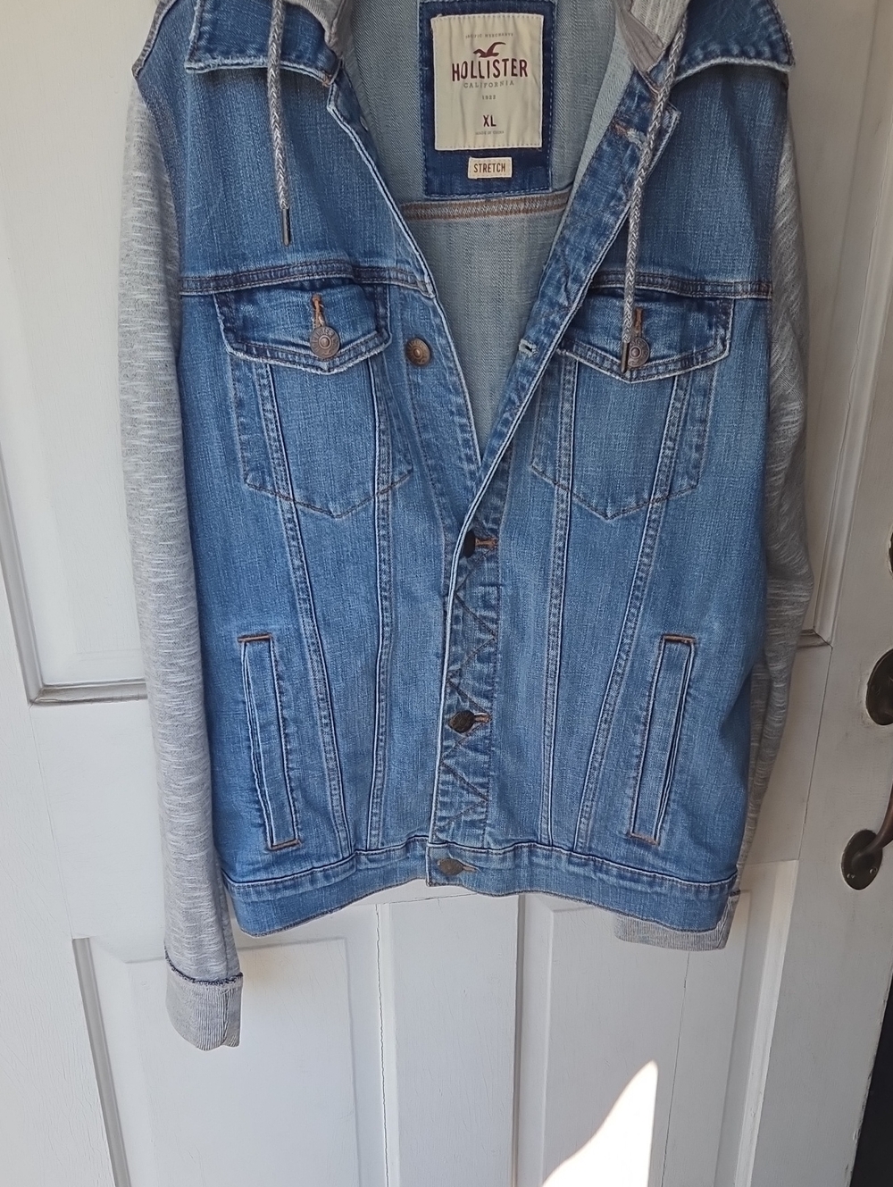 Hollister Light Blue Denim Jacket with Gray Hoodie Sleeves Xlarge